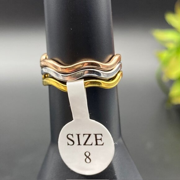 Elegant Gold, Rose Gold and Silver Mixed Metal Wave Ring Set - Picture 3 of 6